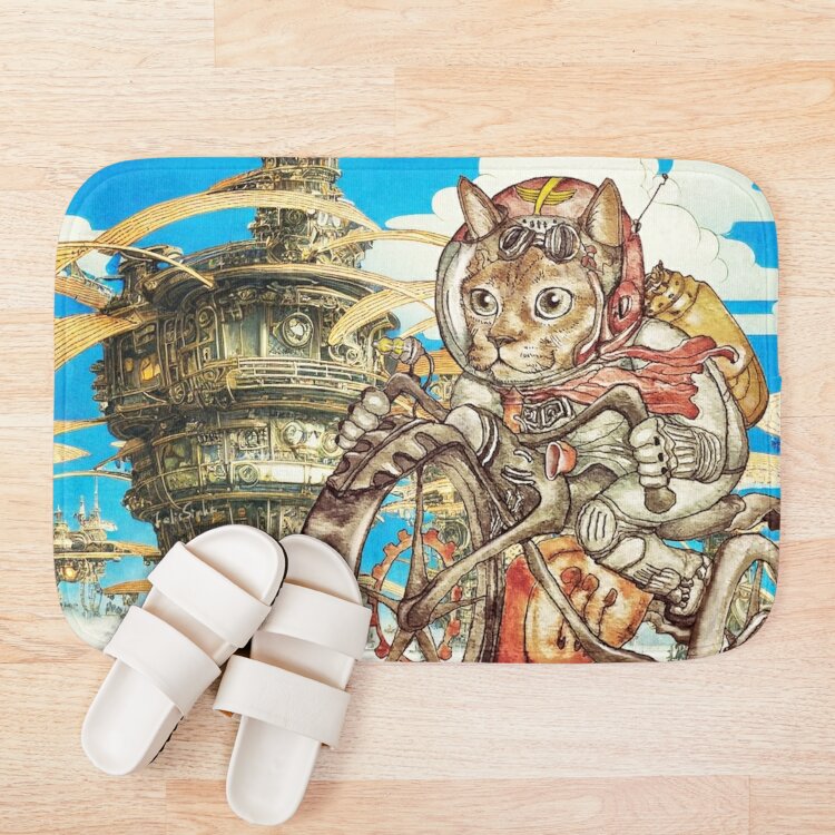Berserk Steampunk Motorcycle Cat Go Through Castle In The Sky Bath Mat Official Berserk Merch