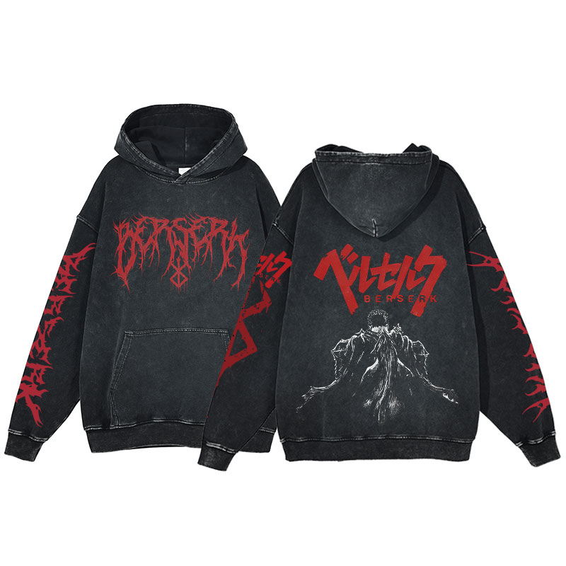 Anime Berserk Hoodie Men s Clothing Black Vintage Print 100 Cotton Acid Wash Hoodies Hip Hop - Berserk Shop