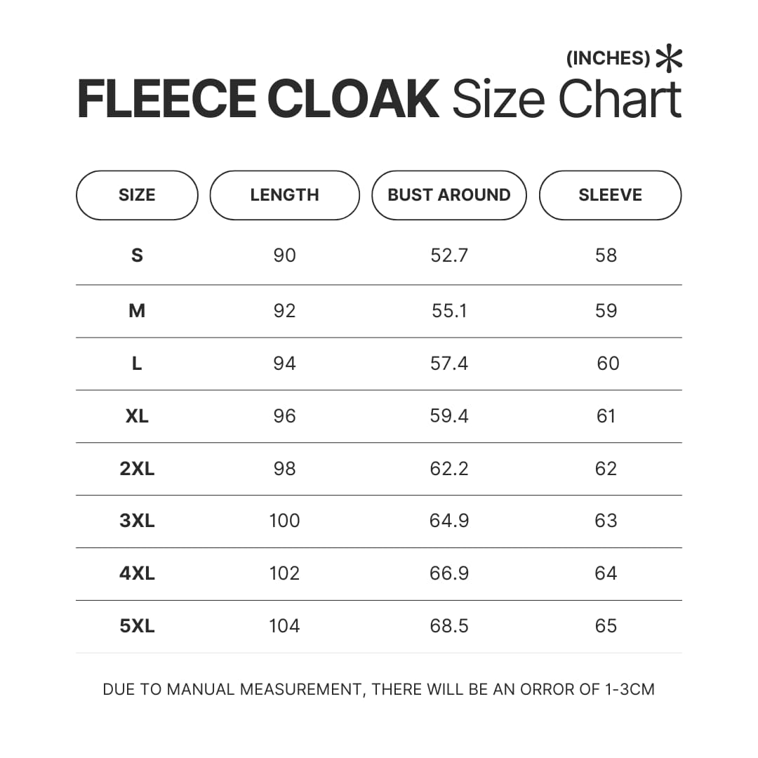 Fleece Cloak Size Chart - Berserk Merch