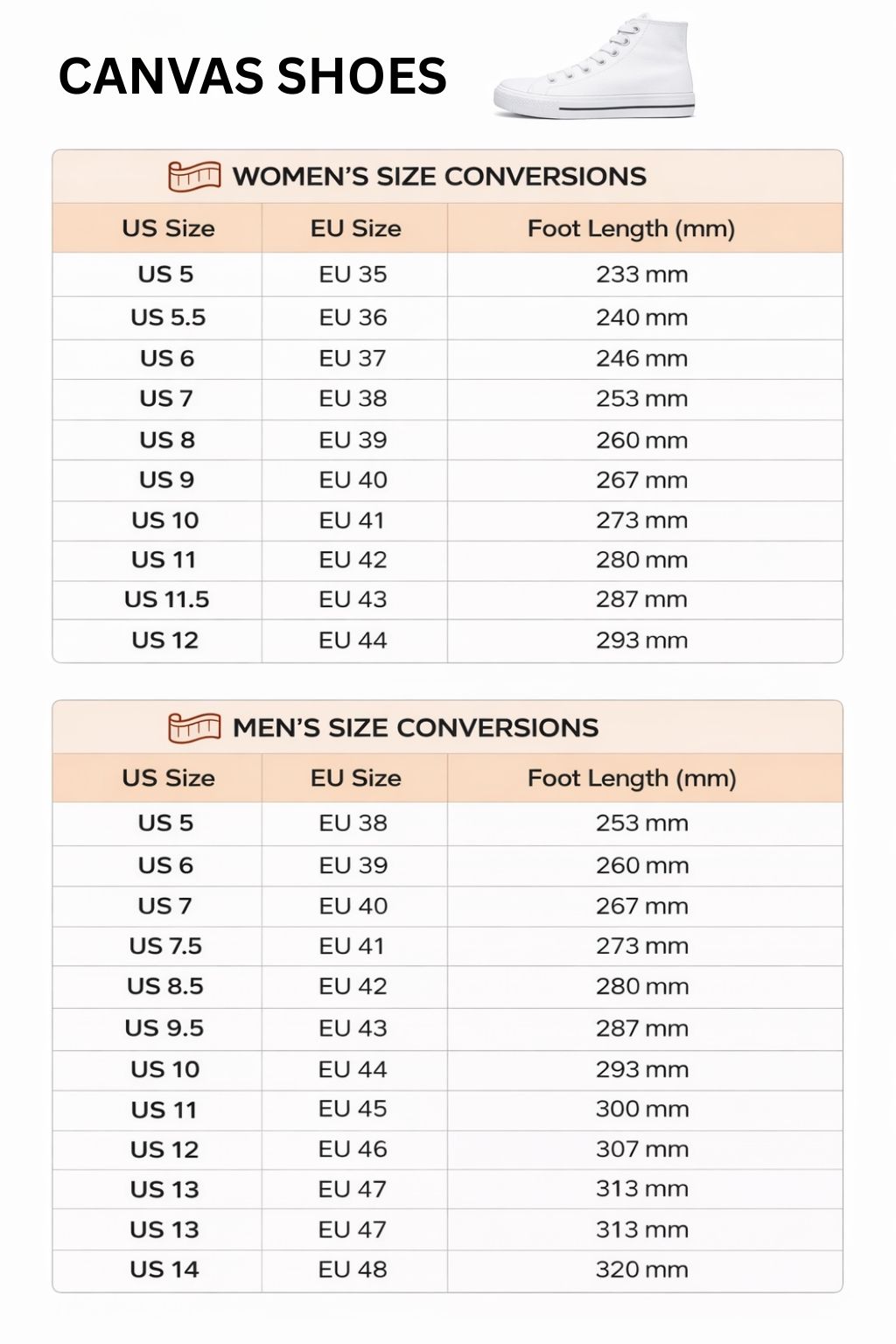 High Top Canvas Shoes Size Chart - Berserk Merch